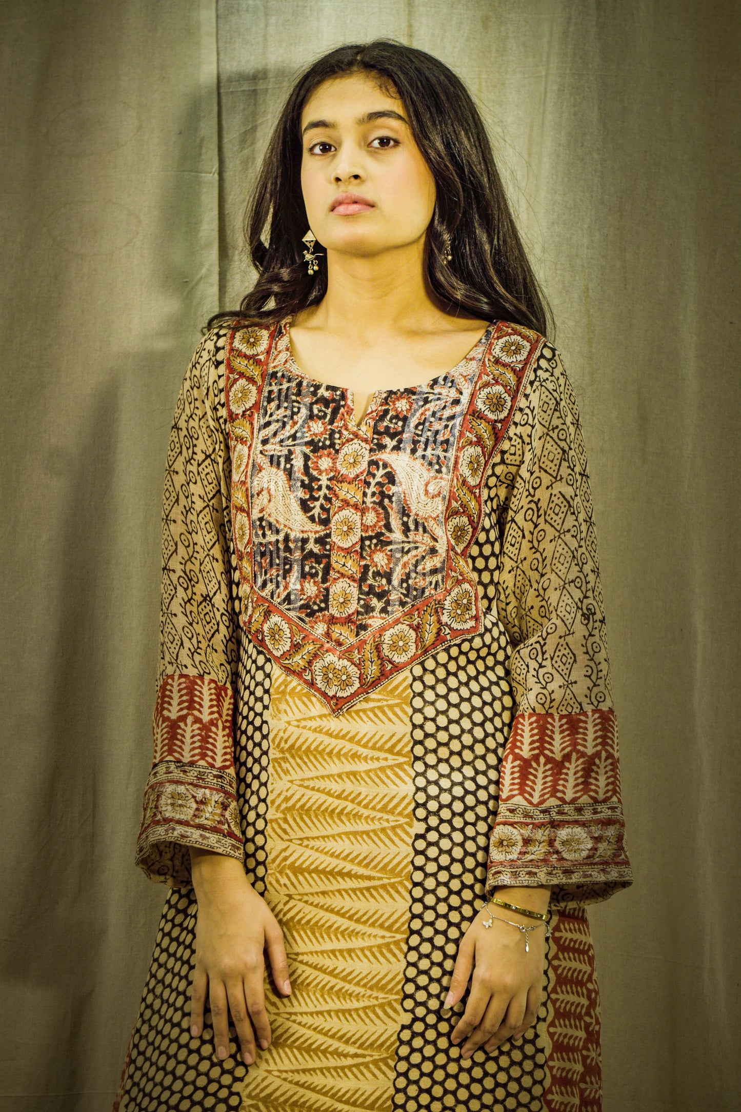 Mehrunisa Earthtone Block Print Linen Kurta Set