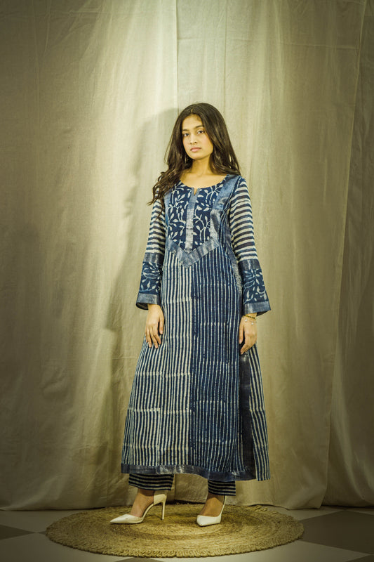 Mehrunisa Indigo Block Print Linen Kurta Set