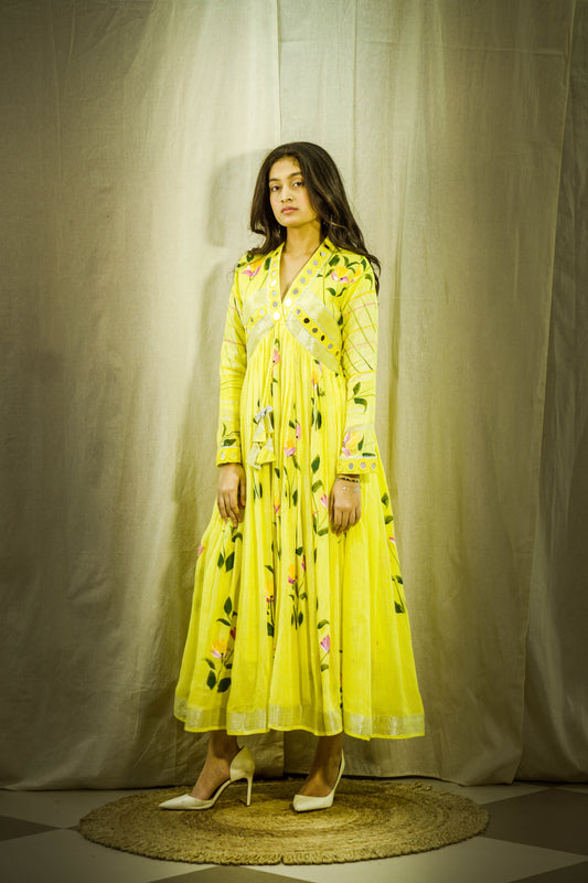Gul Sheen Lemon Handpainted Linen Dress