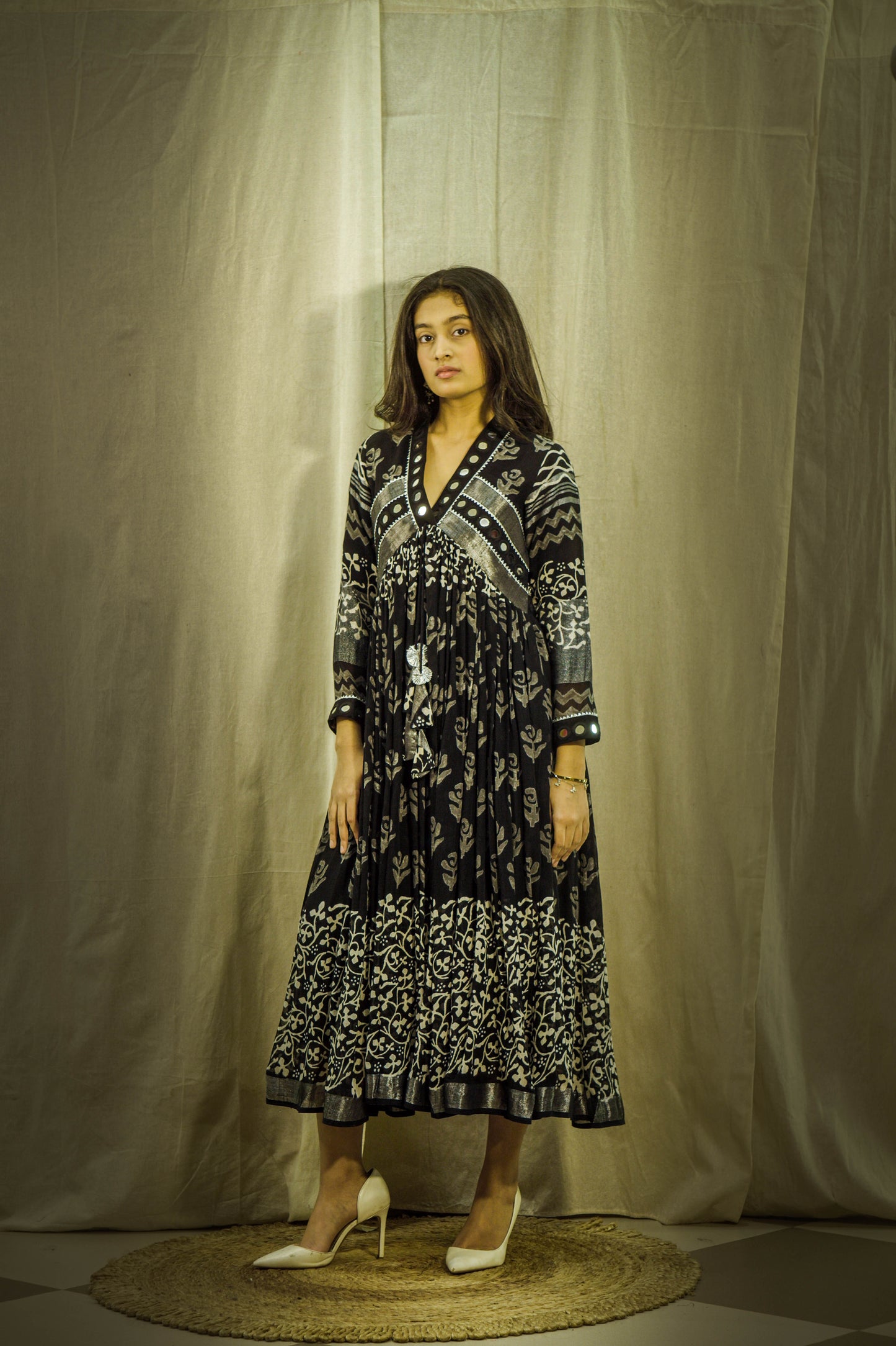 New Evara Block Printed Luxe Mirror Work Dress in Pure Linen fabric