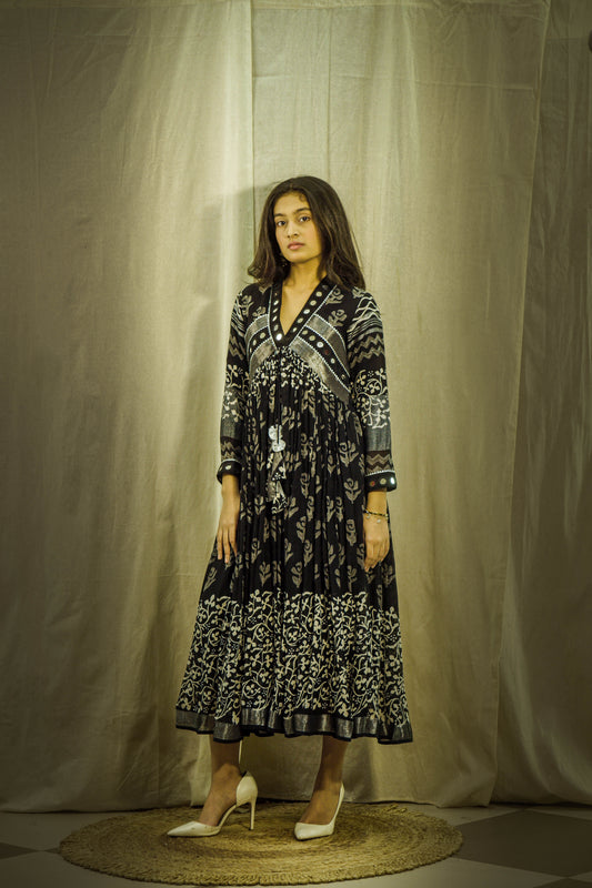 New Evara Block Printed Luxe Mirror Work Dress in Pure Linen fabric