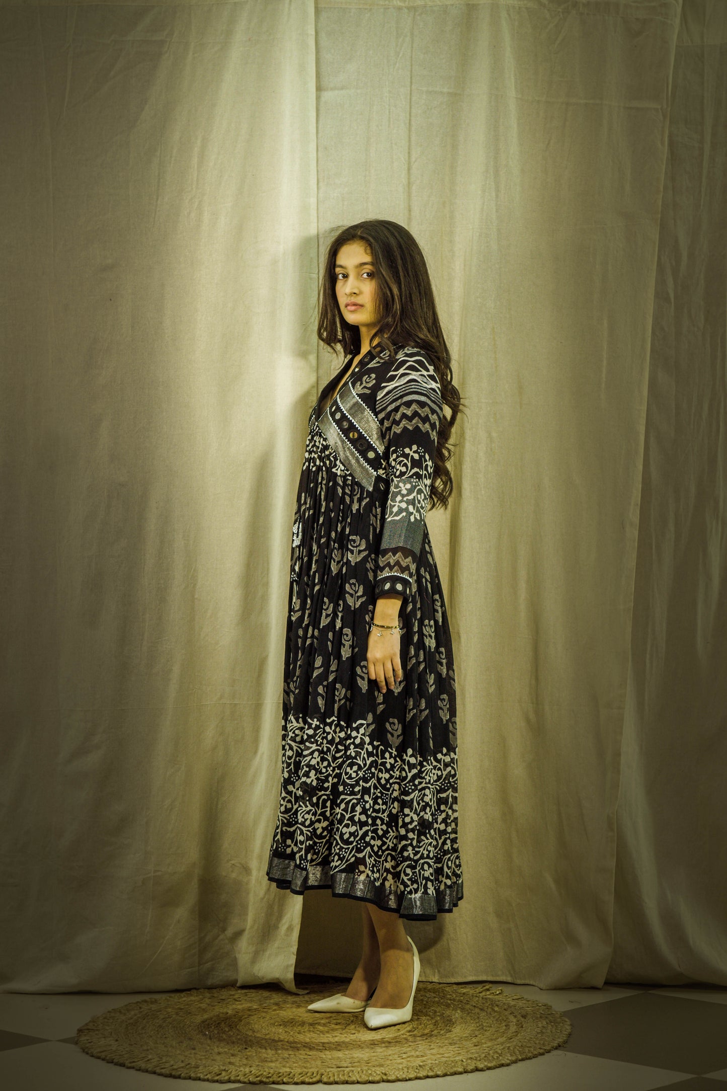 New Evara Block Printed Luxe Mirror Work Dress in Pure Linen fabric