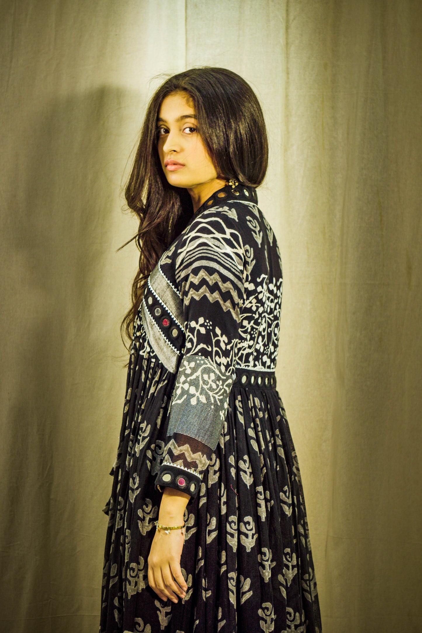 New Evara Block Printed Luxe Mirror Work Dress in Pure Linen fabric