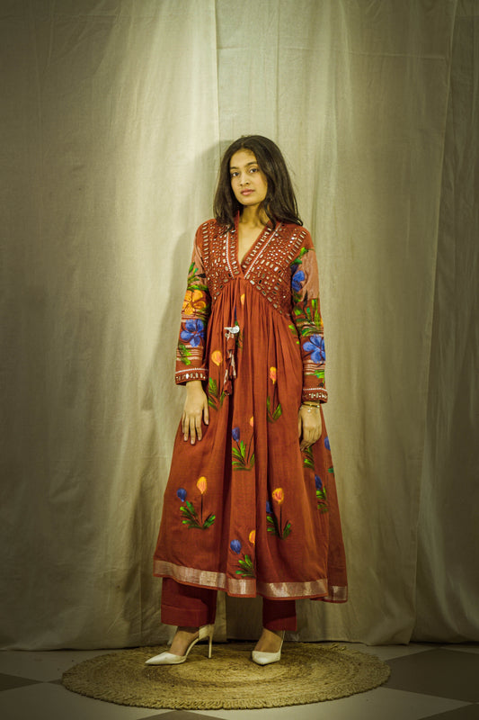 Gulnoor Luxe Handpainted Mirror Linen Kurta Set