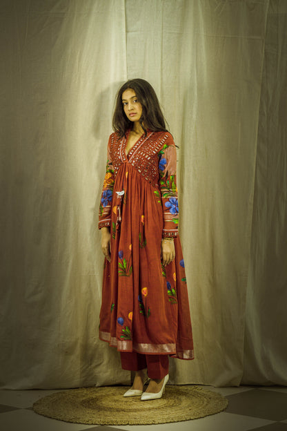 Gulnoor Luxe Handpainted Mirror Linen Kurta Set