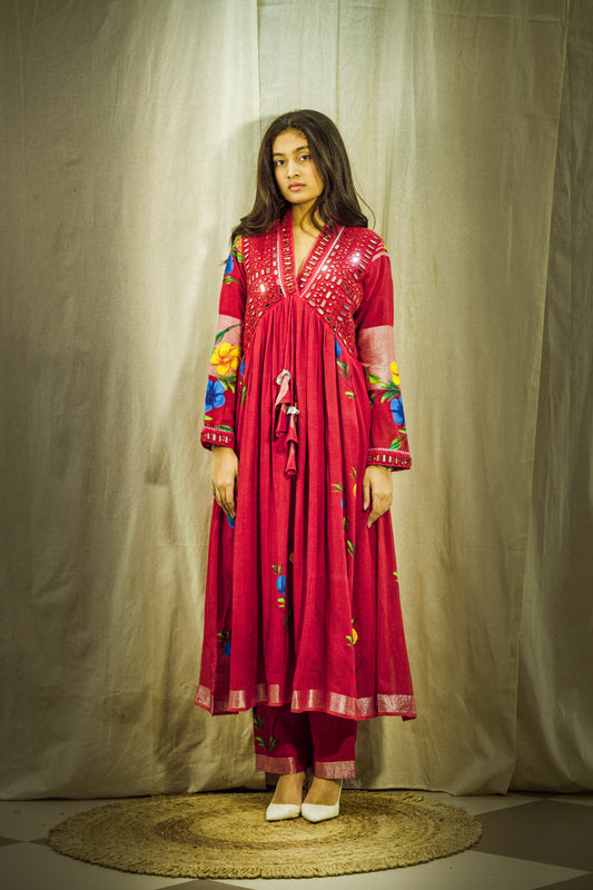 Surkh Gulnoor Luxe Handpainted Mirror Linen Kurta Set