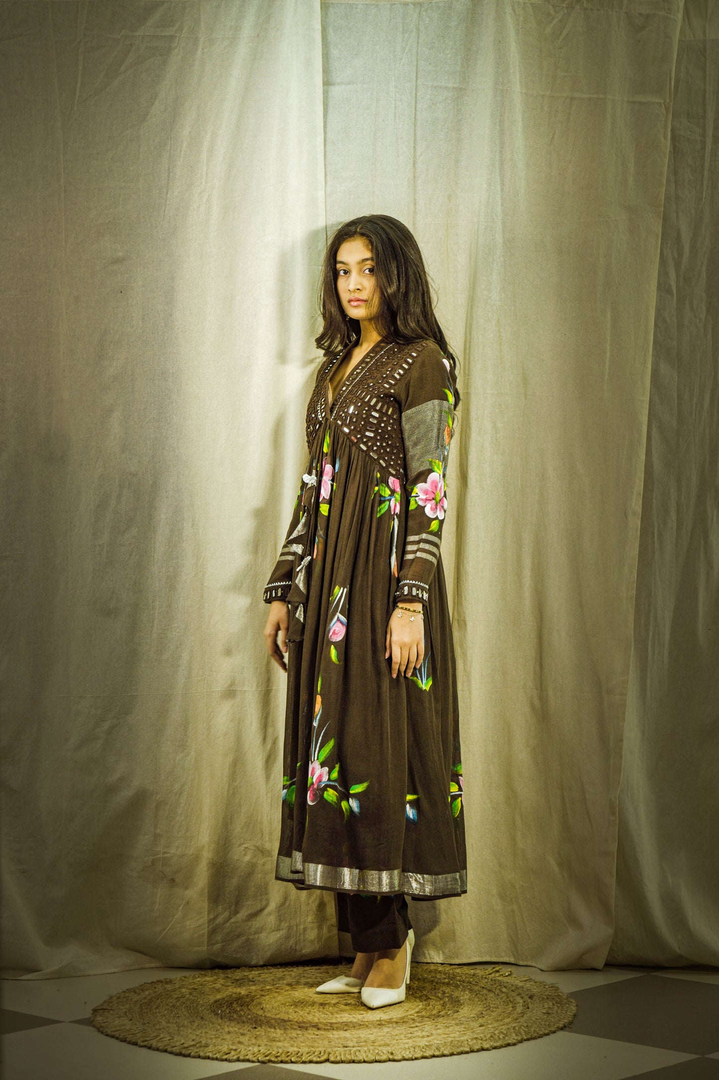 Cocoa Gulnoor Luxe Handpainted Mirror Linen Kurta Set