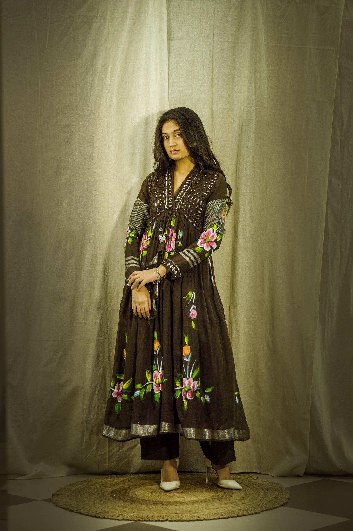 Cocoa Gulnoor Luxe Handpainted Mirror Linen Kurta Set