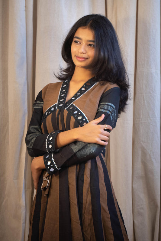Shaher Mirror Work Dress in Diamond Cut Black and Brown