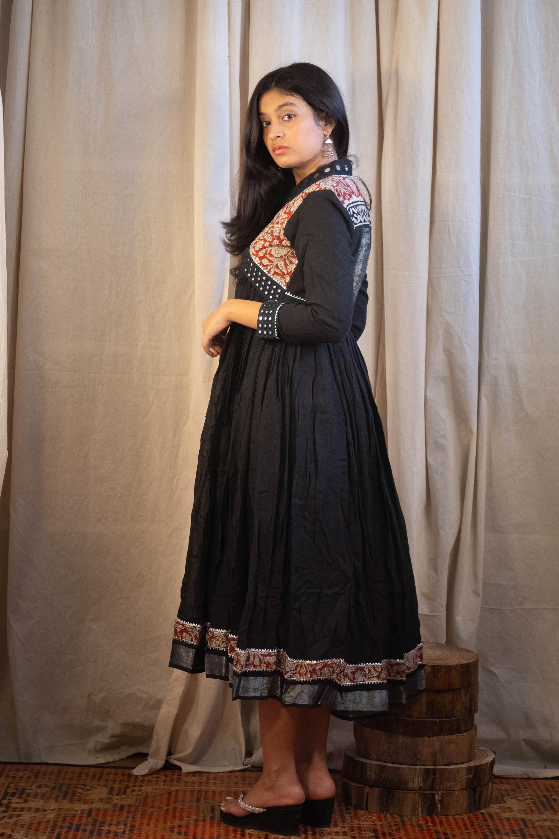 Evara Black and Kalamkari Round Mirror Work Dress Diva's Creation Evara Black and Kalamkari Round Mirror Work Dress Diva's Creation