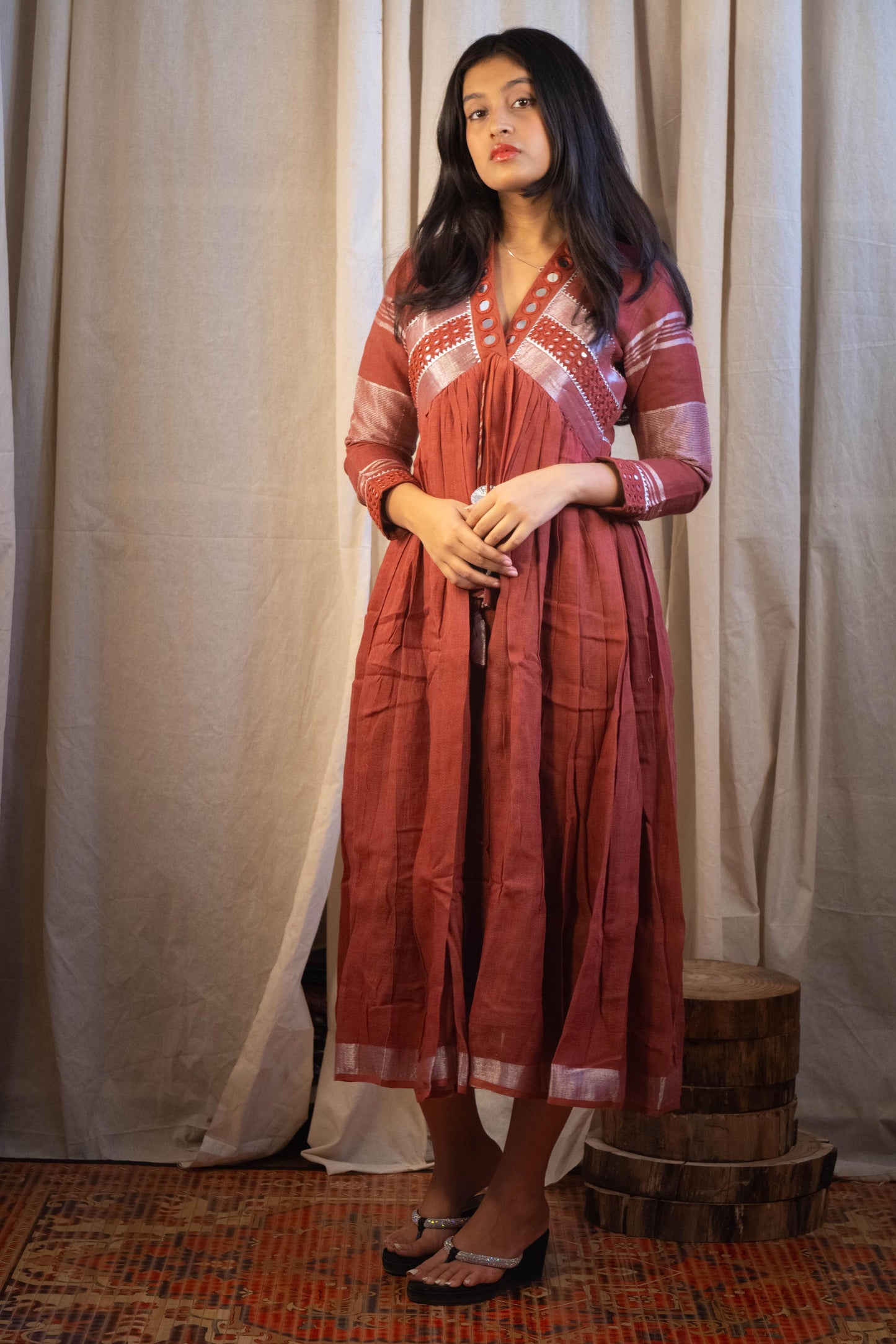 Evara Rust Mirror Work Dress