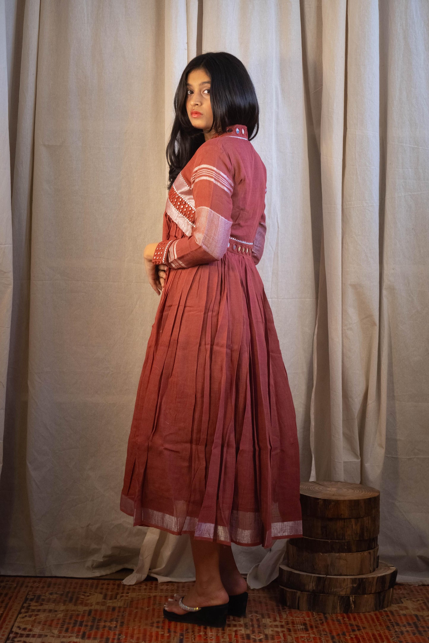 Evara Rust Mirror Work Dress