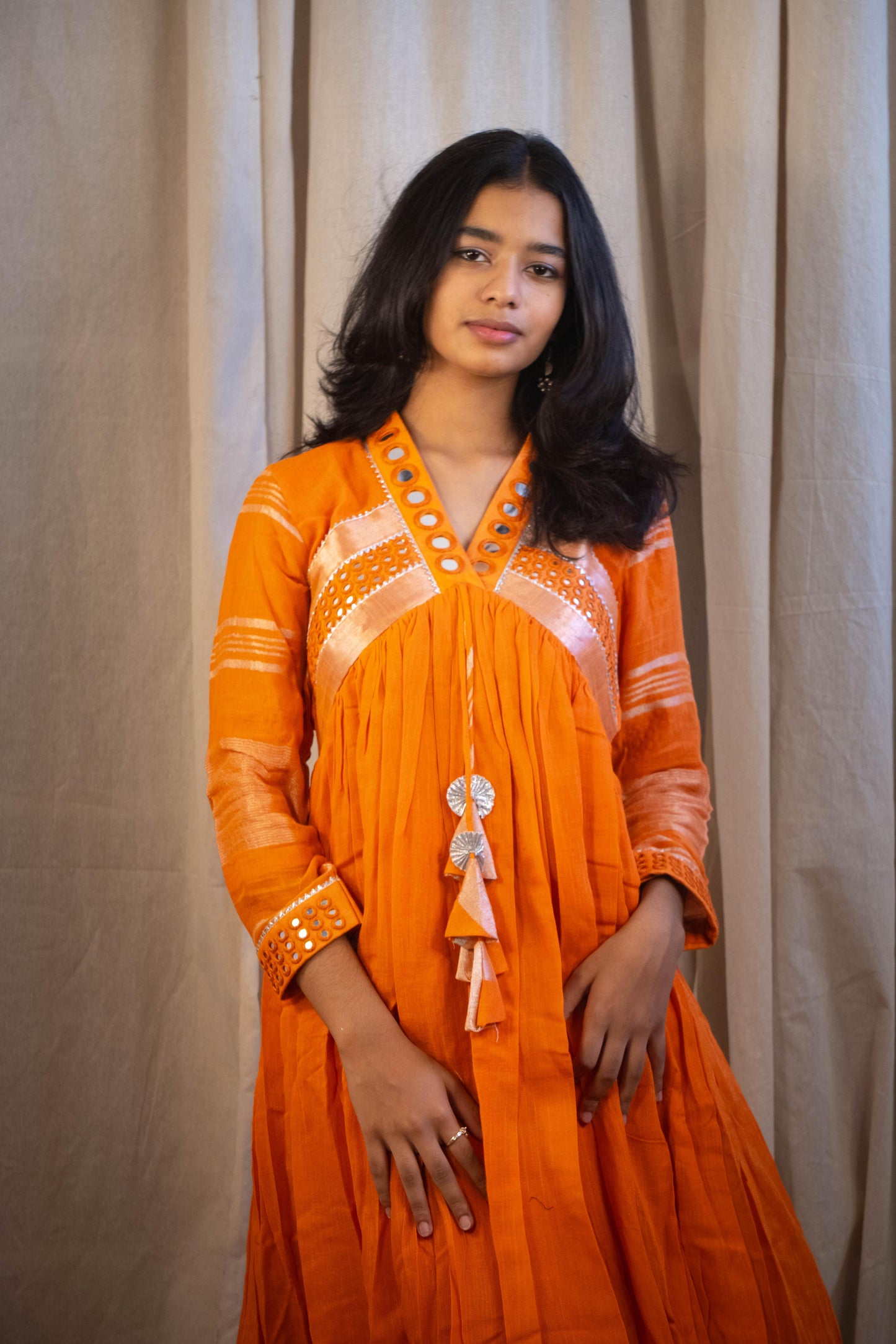 Evara Round Mirror Work Dress in Plain Orange