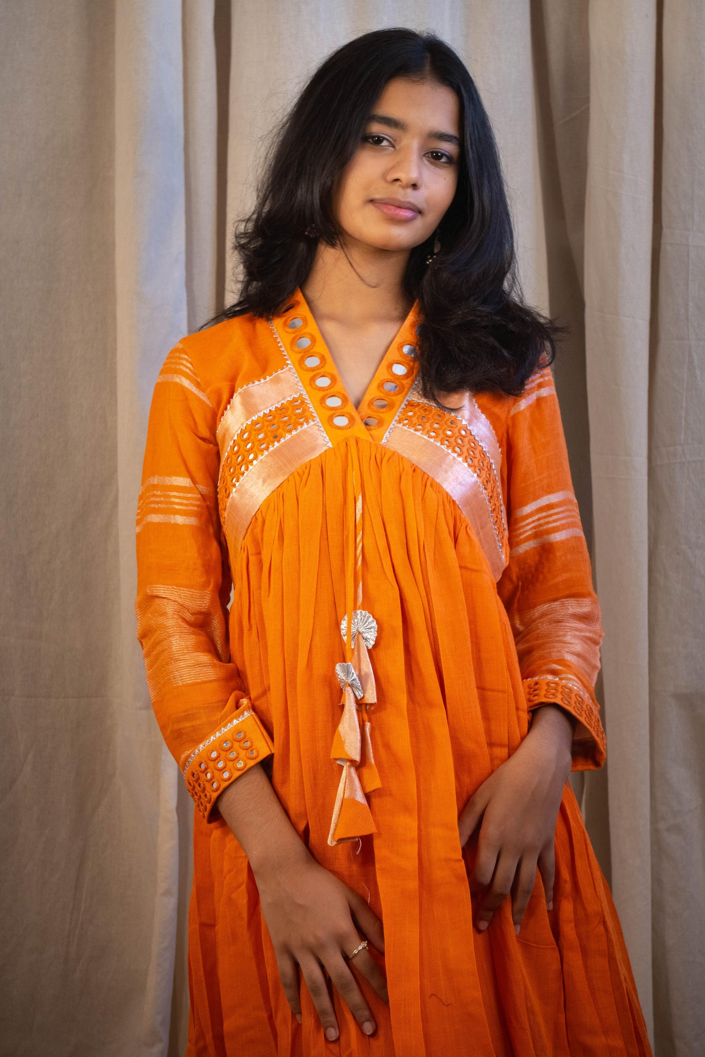 Evara Round Mirror Work Dress in Plain Orange