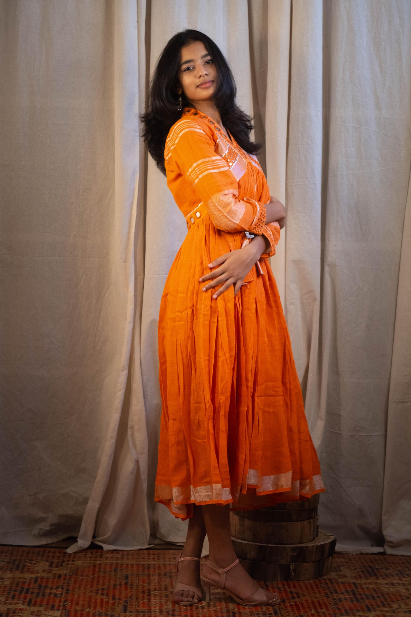 Evara Round Mirror Work Dress in Plain Orange