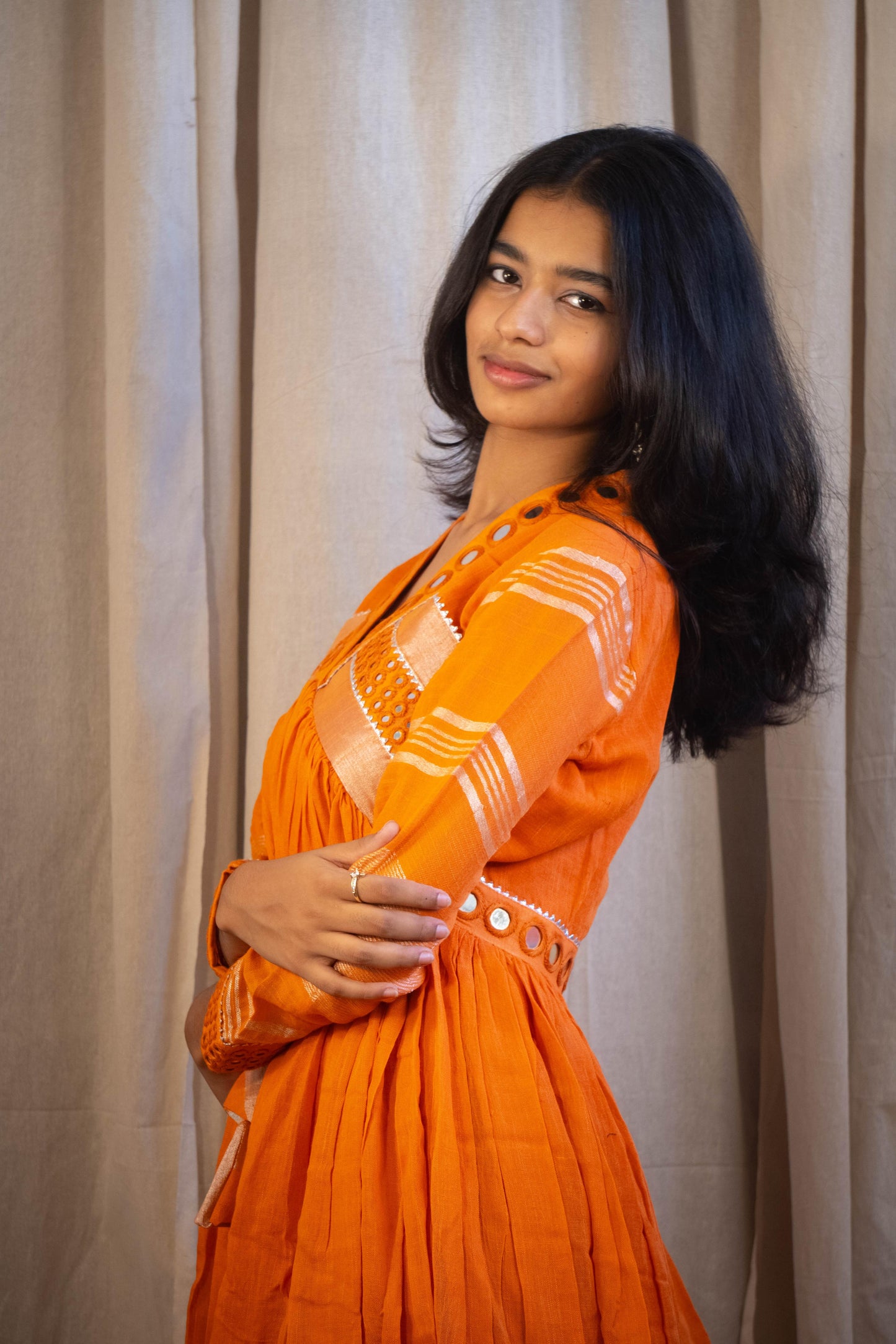 Evara Round Mirror Work Dress in Plain Orange