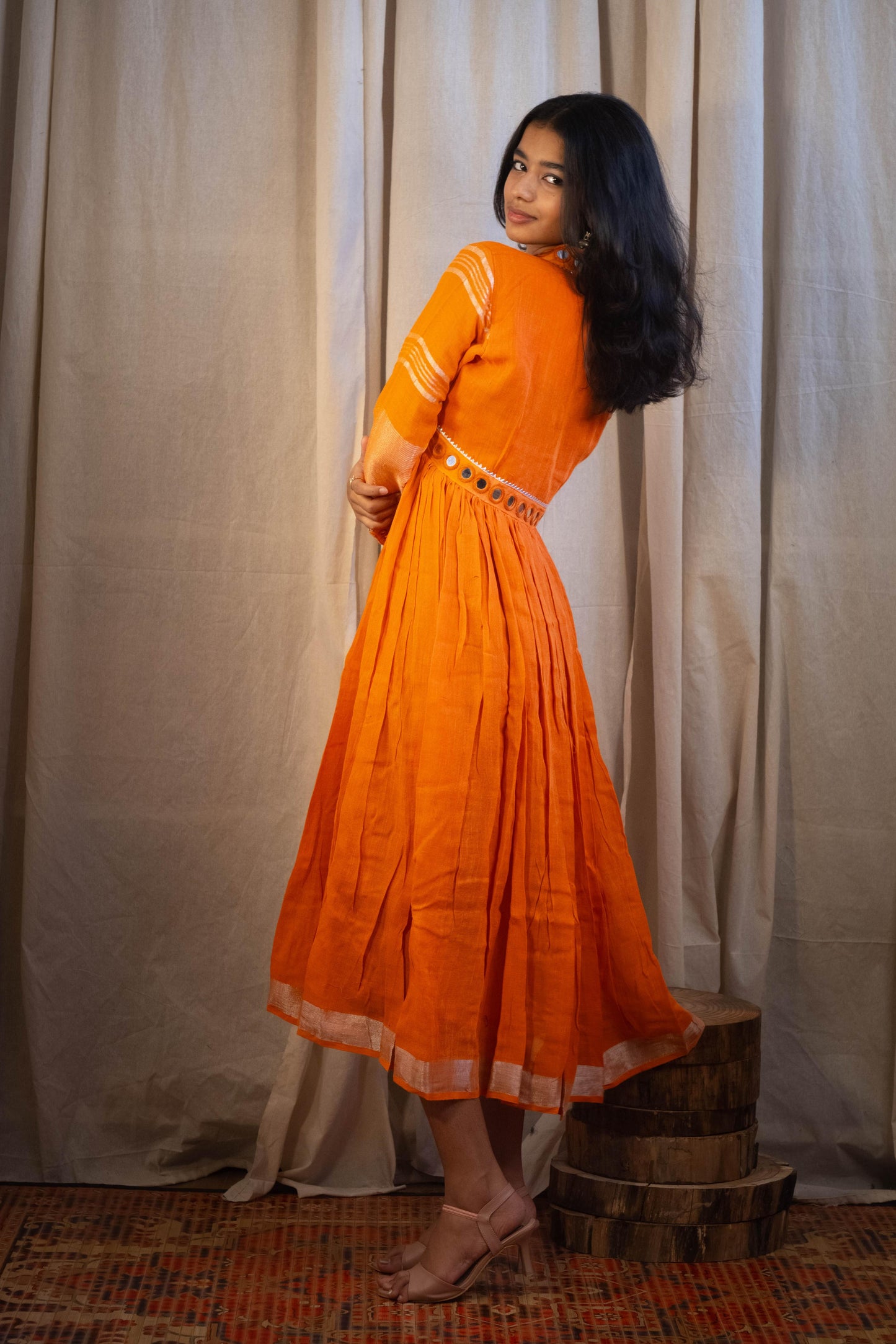 Evara Round Mirror Work Dress in Plain Orange