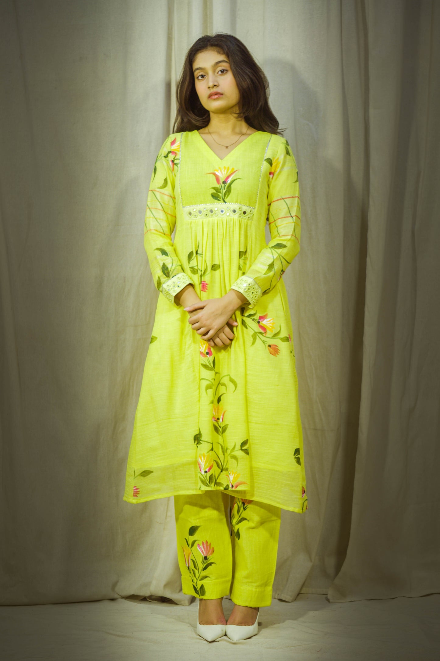 Noor Handpainted Lemon Yellow Pant Kurta Set