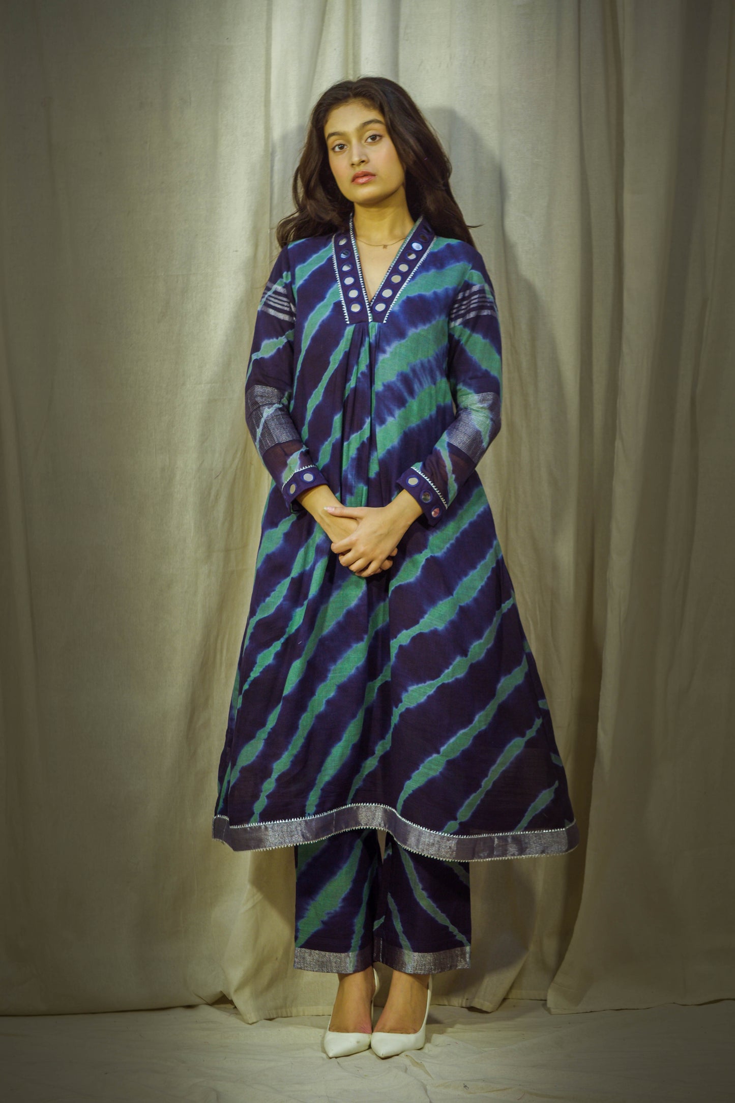Navy-Sage Lehriya Pant Kurta Set
