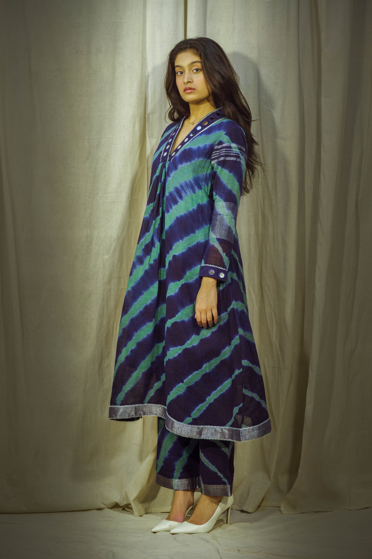 Navy-Sage Lehriya Pant Kurta Set