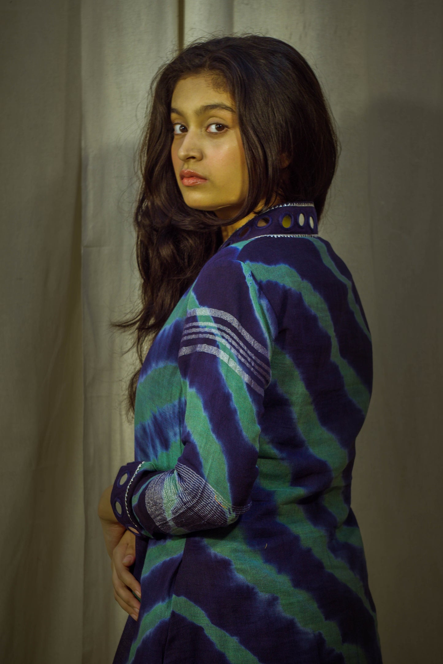 Navy-Sage Lehriya Pant Kurta Set