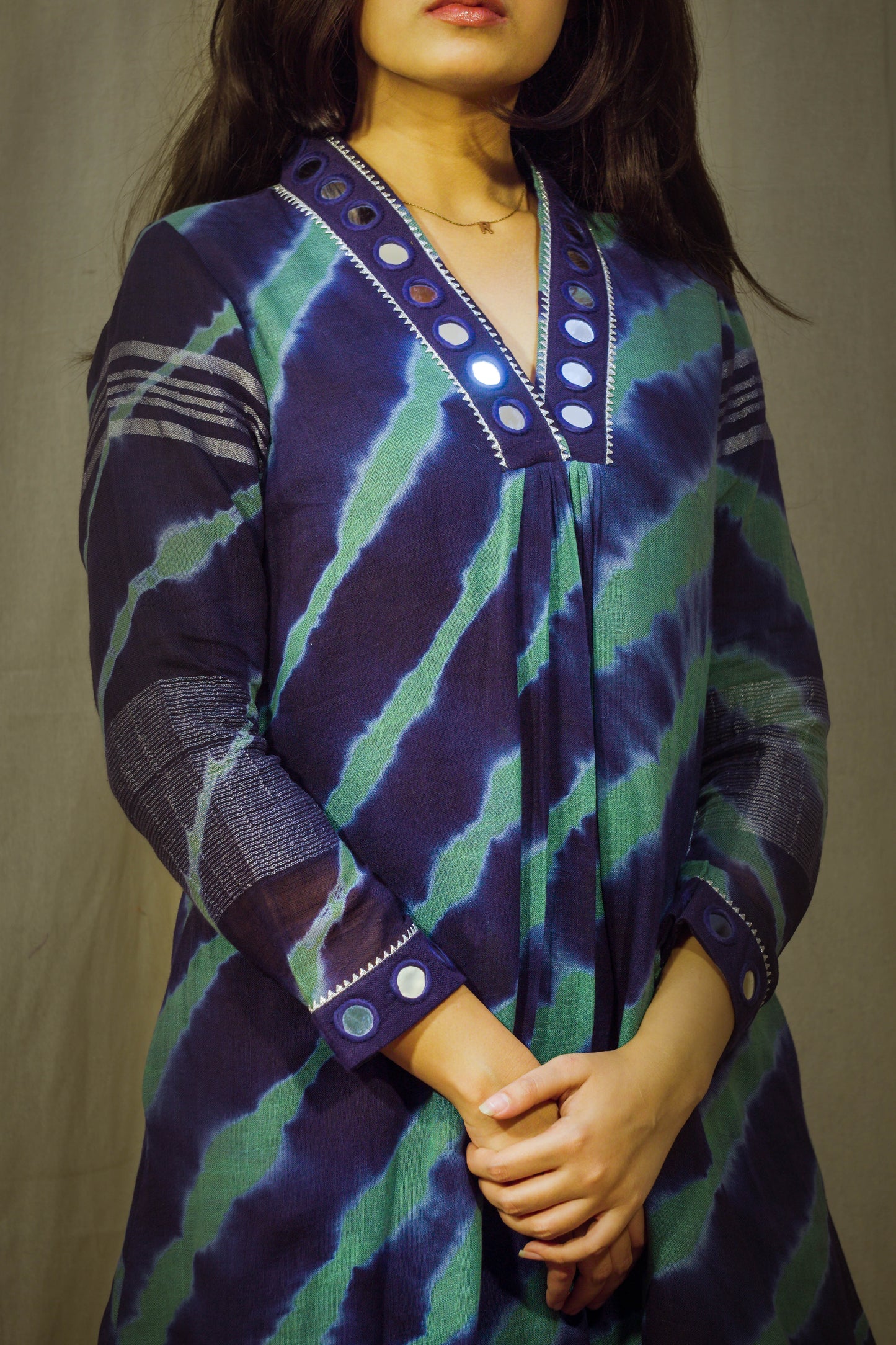 Navy-Sage Lehriya Pant Kurta Set