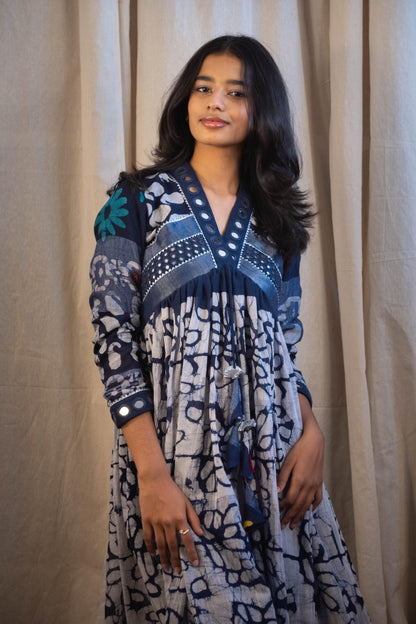 Azura Evara Indigo and White Printed Mirror Work Dress
