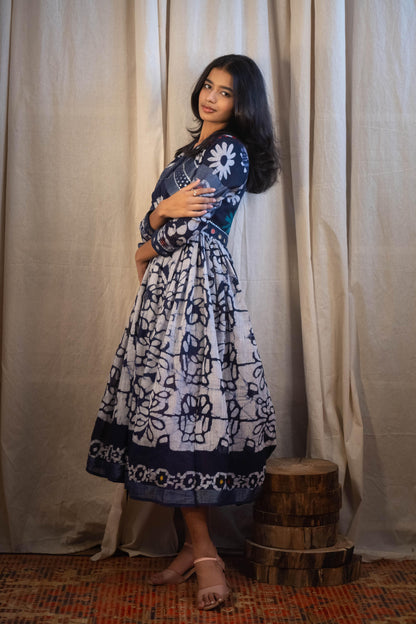 Azura Evara Indigo and White Printed Mirror Work Dress