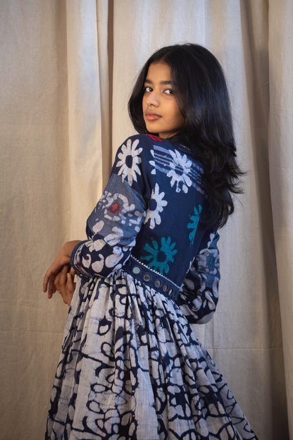 Azura Evara Indigo and White Printed Mirror Work Dress