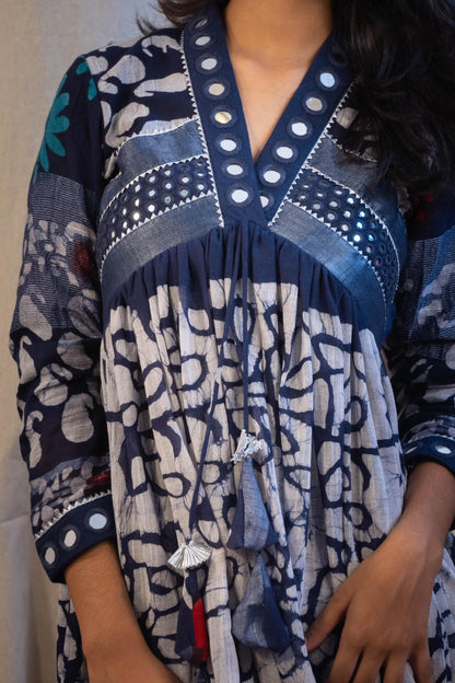 Azura Evara Indigo and White Printed Mirror Work Dress