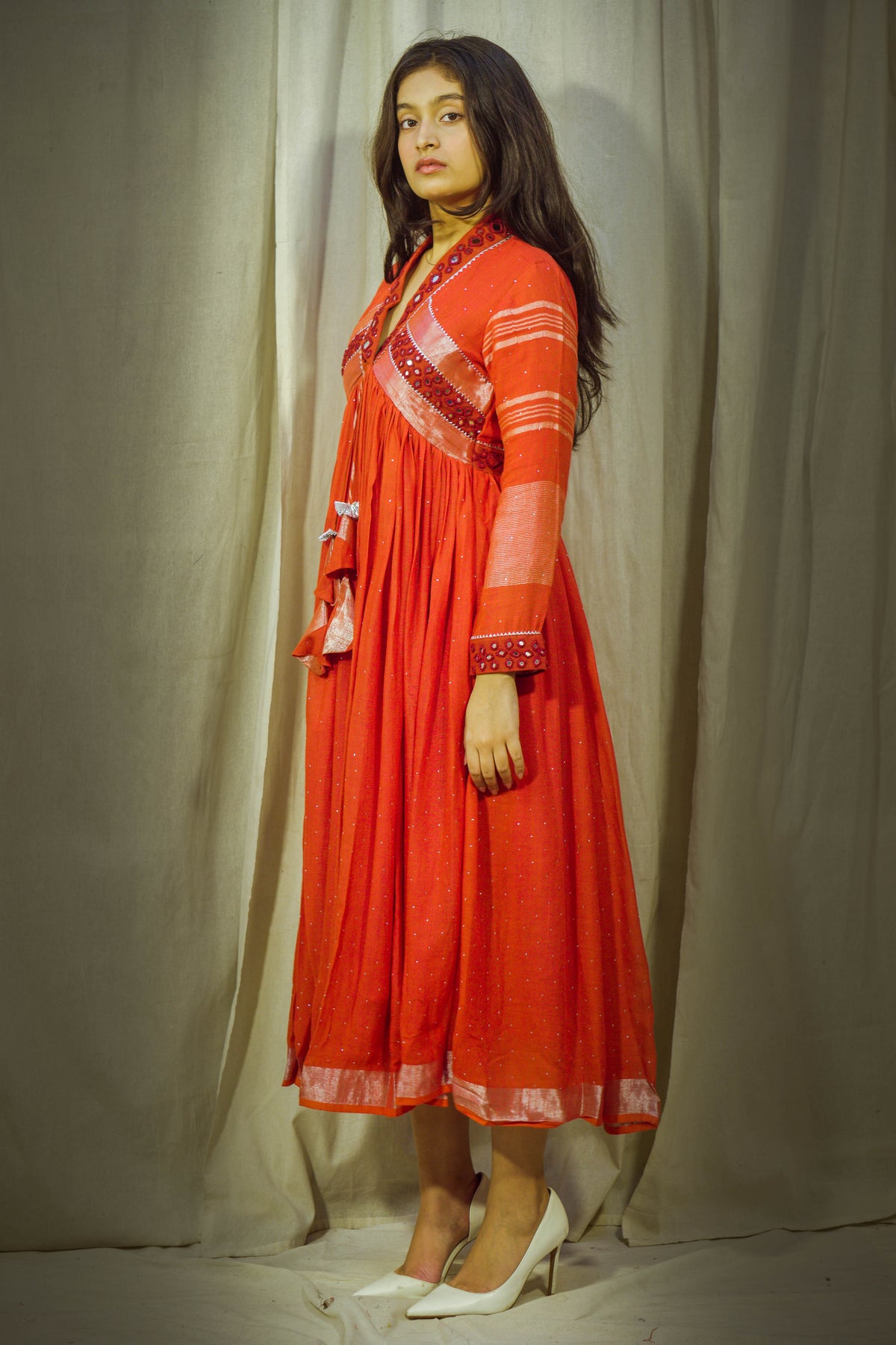 Rust Red Linen Rust Red Pure Linen Dress with Mirror Work and Stone Detailing – Diva's ...