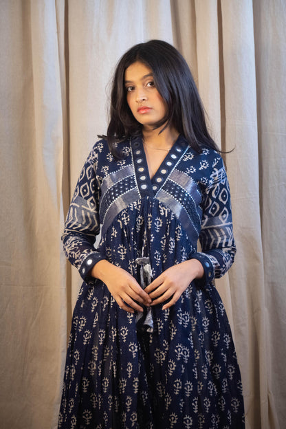 Azura Royal Blue and White Mirror Work Dress