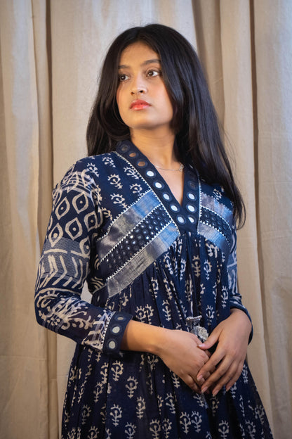 Azura Royal Blue and White Mirror Work Dress