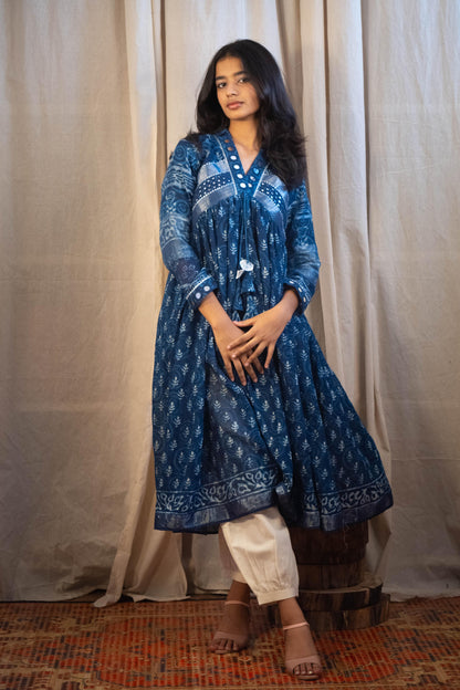 Azura Indigo and White Leafs Mirror Work Dress