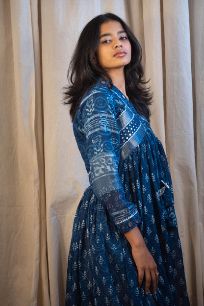 Azura Indigo and White Leafs Mirror Work Dress