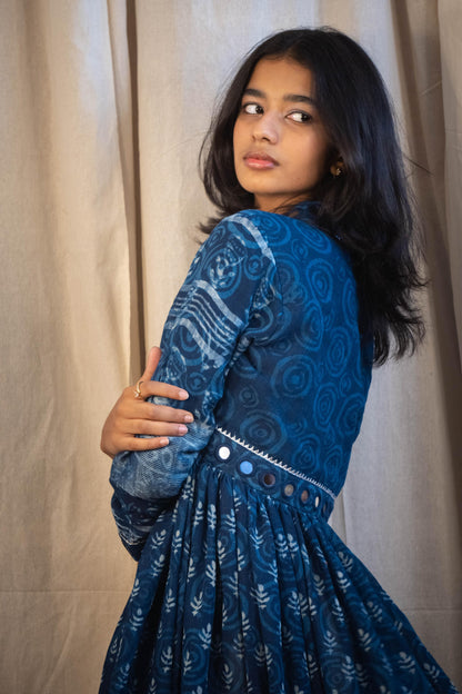 Azura Indigo and White Leafs Mirror Work Dress