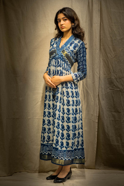 Ina Big Mango Indigo Golden Border Kurti in Pure Linen