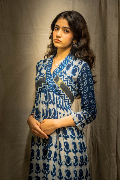 Ina Big Mango Indigo Golden Border Kurti in Pure Linen