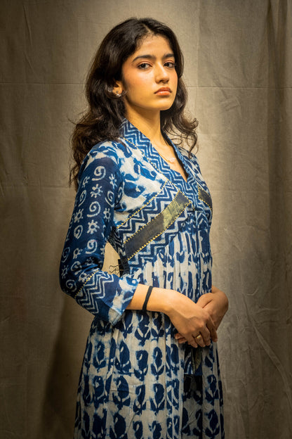 Ina Big Mango Indigo Golden Border Kurti in Pure Linen