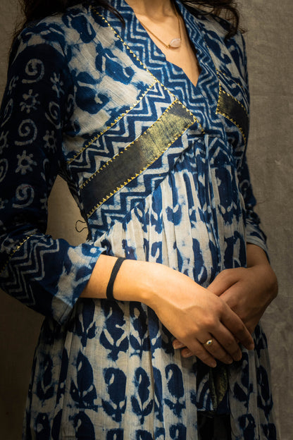 Ina Big Mango Indigo Golden Border Kurti in Pure Linen