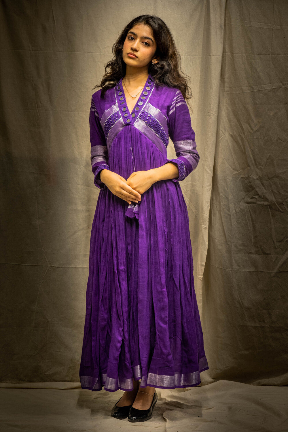 Evara Purple Mirror Work Dress in Pure Linen