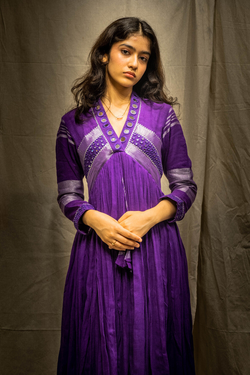 Evara Purple Mirror Work Dress in Pure Linen