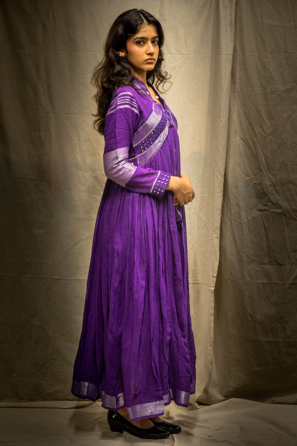 Evara Purple Mirror Work Dress in Pure Linen