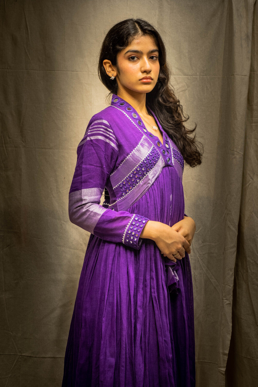 Evara Purple Mirror Work Dress in Pure Linen