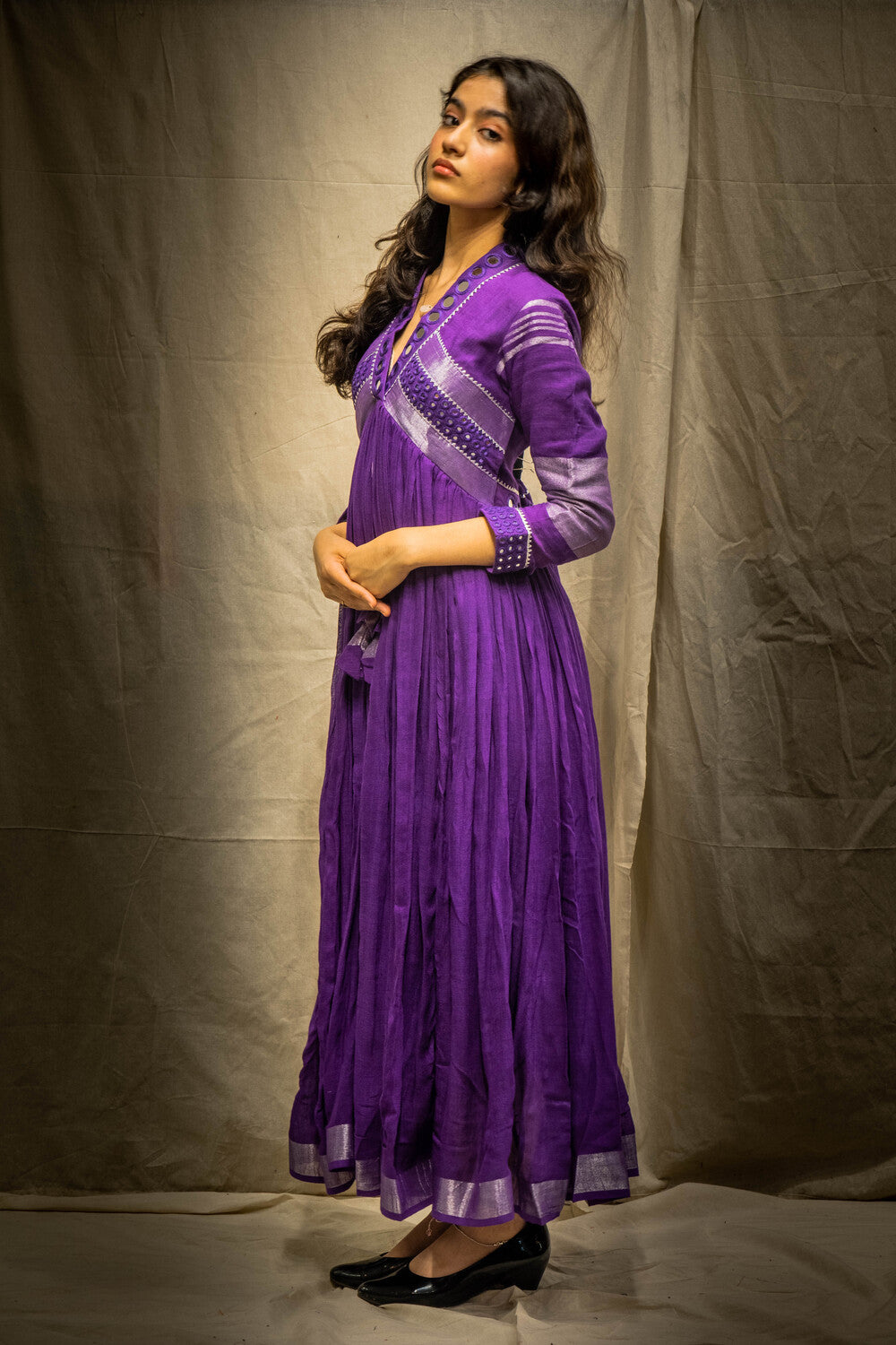 Evara Purple Mirror Work Dress in Pure Linen