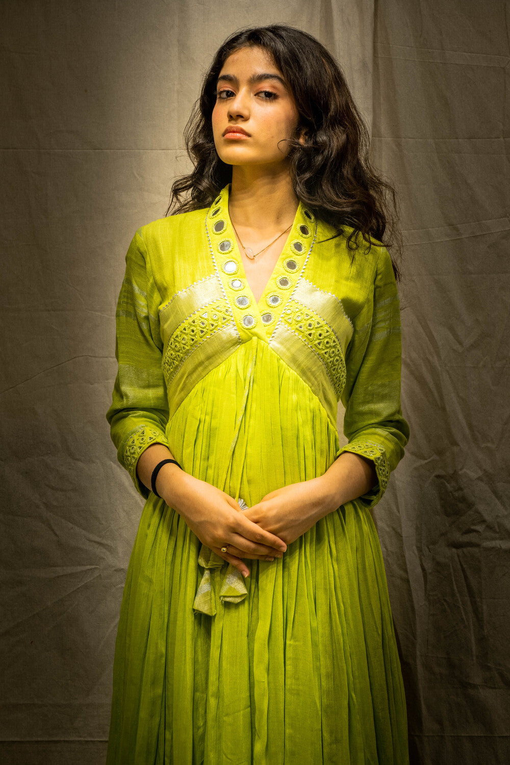 Evara Neon Green Mirror Work Dress in Pure Linen Diva's Creation Evara Neon Green Mirror Work Dress in Pure Linen Diva's Creation
