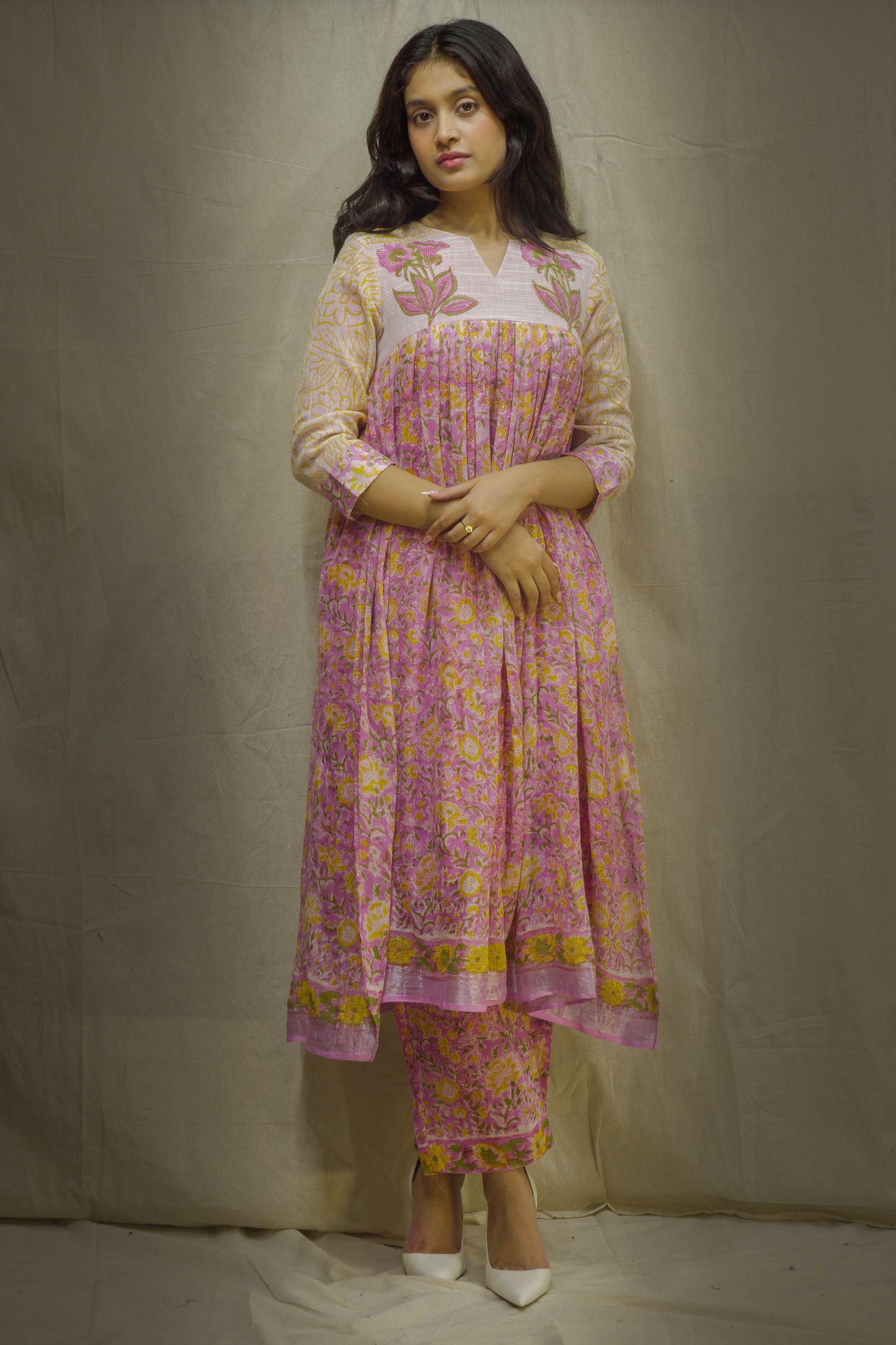 Pink-Cream Pant Kurta Set in Pure Linen
