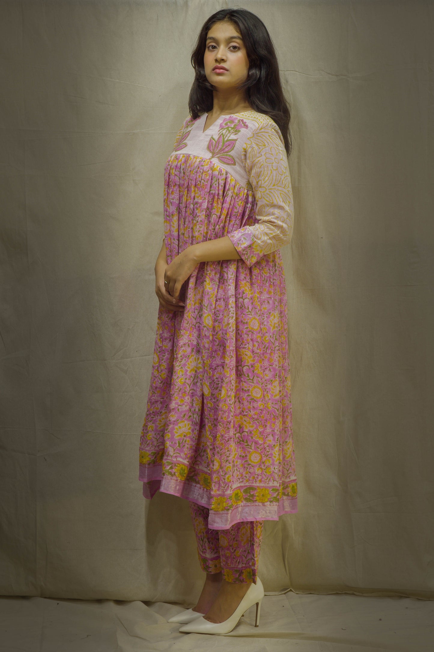 Pink-Cream Pant Kurta Set in Pure Linen