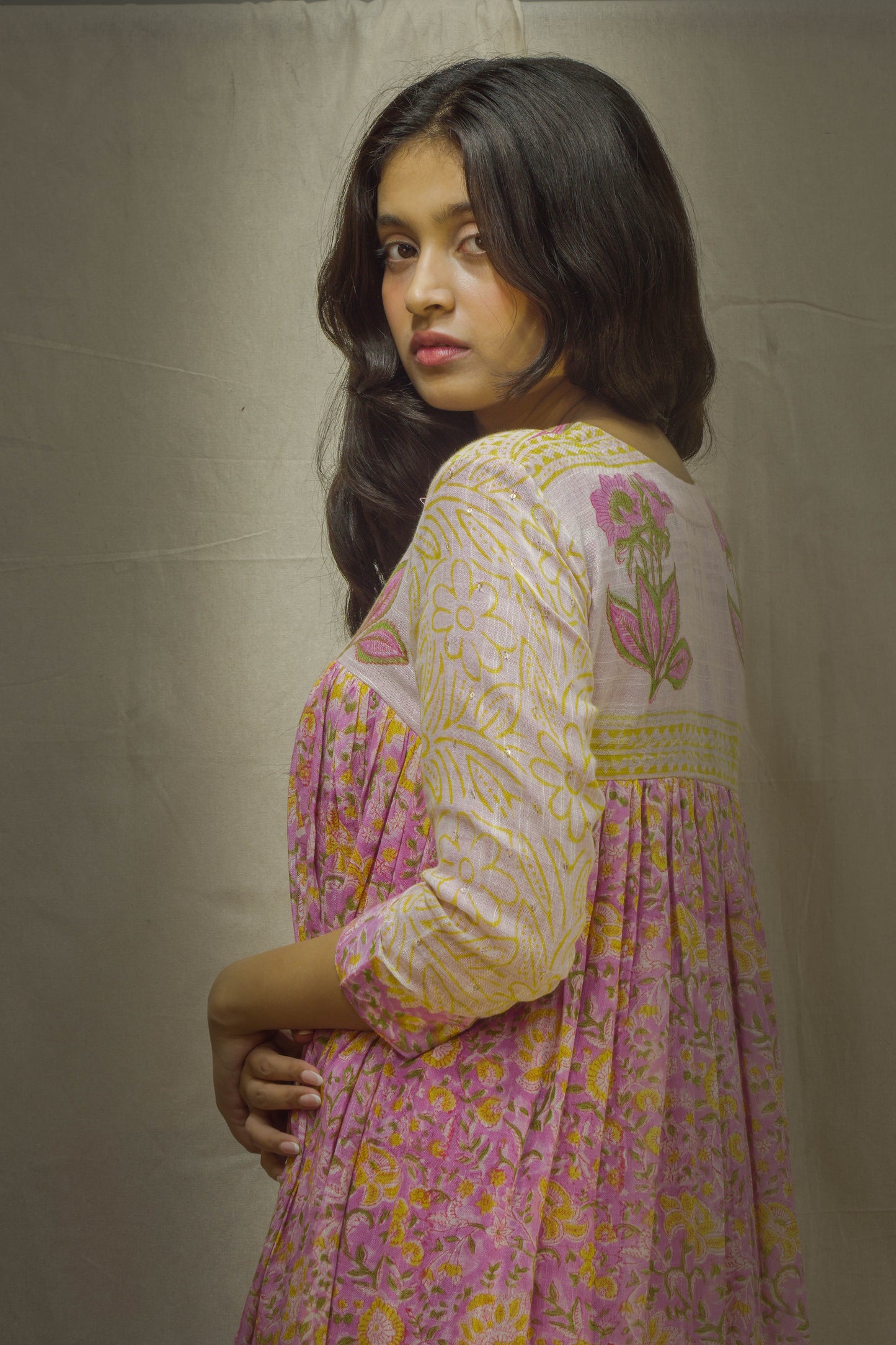 Pink-Cream Pant Kurta Set in Pure Linen