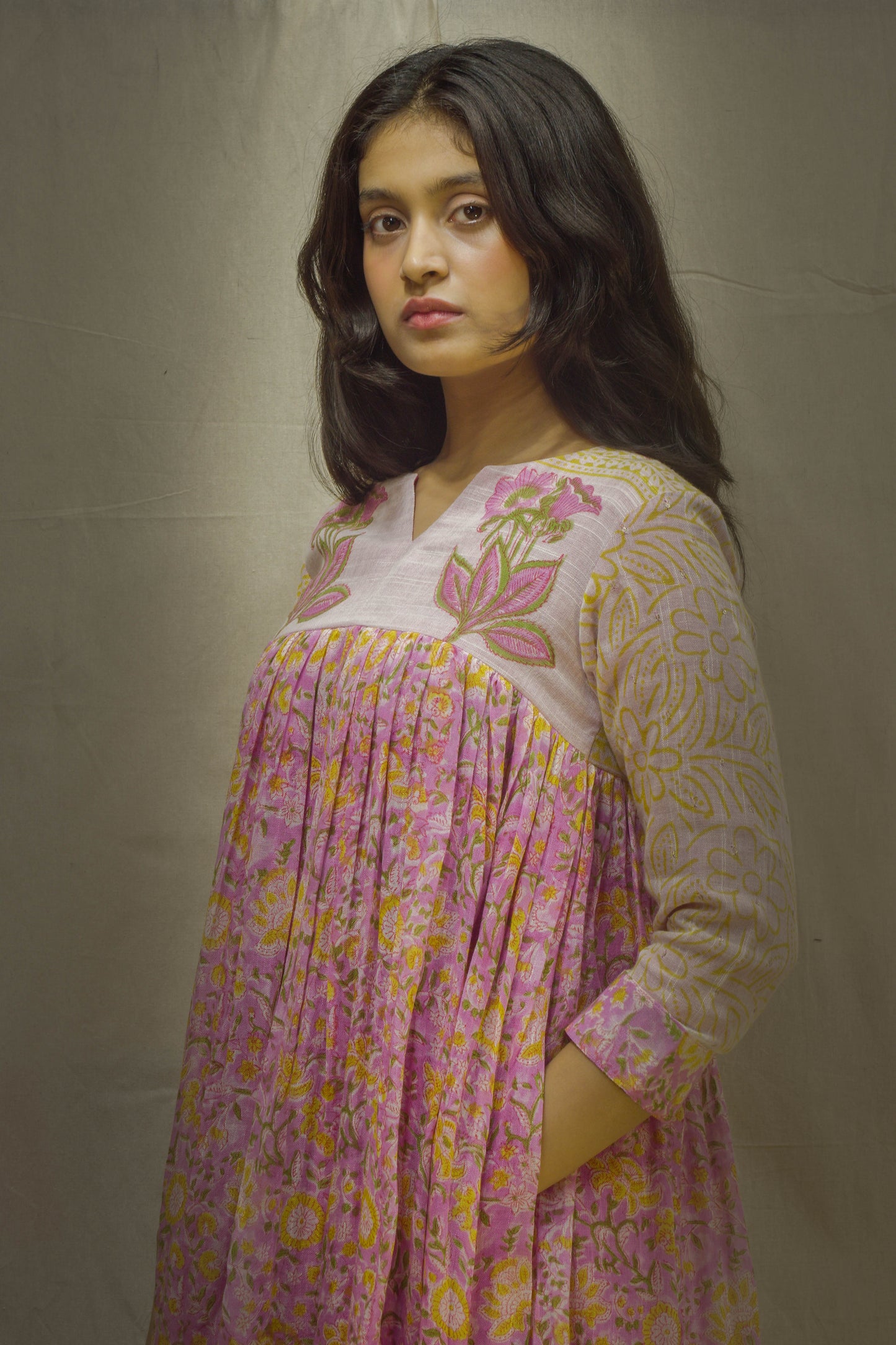 Pink-Cream Pant Kurta Set in Pure Linen